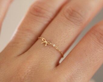 14k Mini Bow Chain Ring | Dainty Ribbon Bow in 14k Gold 14k Mini Bow Chain Ring | Dainty Ribbon Bow in 14k Gold