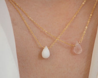 14k Solid gold Rose Quartz Necklace / 14k White Jade Necklace / Genuine Gemstone Necklace