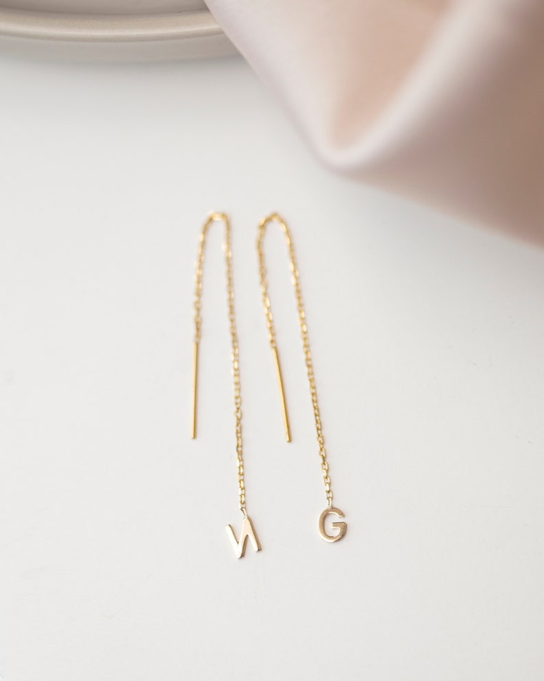 Personalized Alphabet Initial Thread Earring // 14K Gold Threader ...