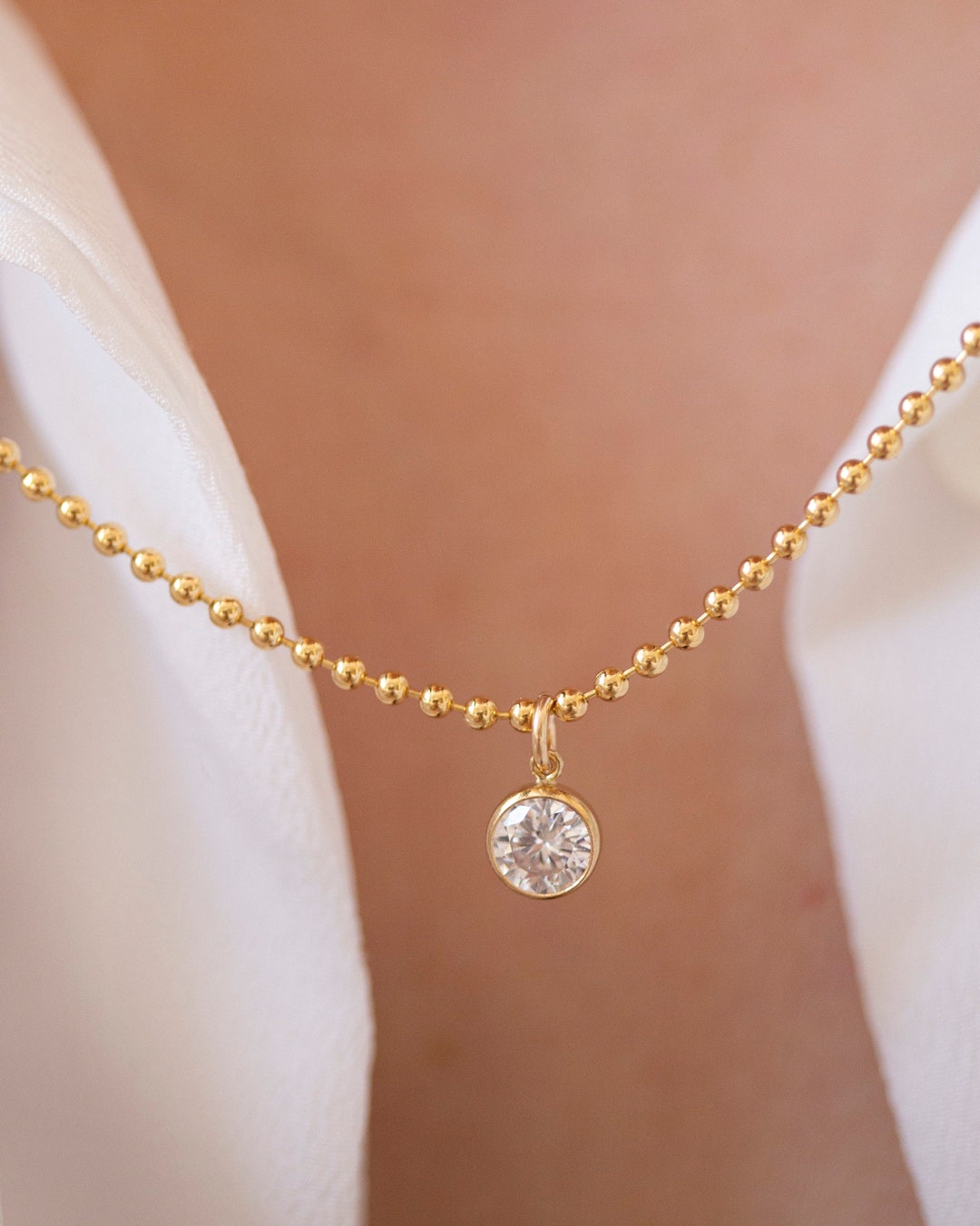 Buy Gold Ball Chain Diamond Pendant Necklace Gold Filled Bead Chain  Round Bezel Diamond Pendant Online in India