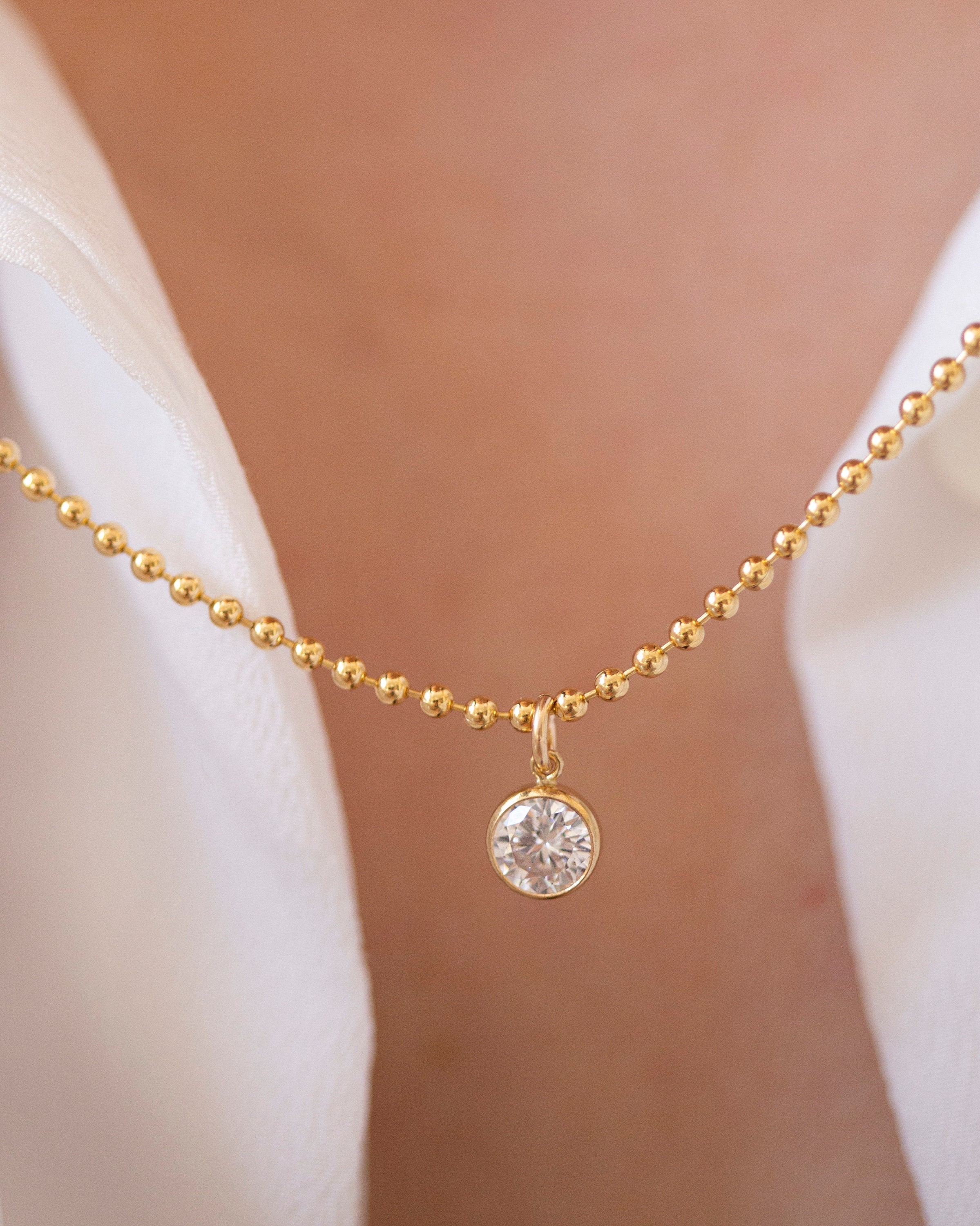 Gold Ball Chain Diamond Pendant Necklace / Gold Filled Bead Chain 