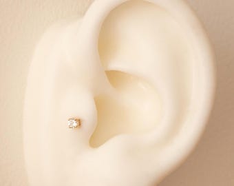 14K Solid Gold CZ Barbell Screw Back Piercing | Dainty Cubic Zirconia Barbell | Helix, Tragus, Conch & Cartilage Earring