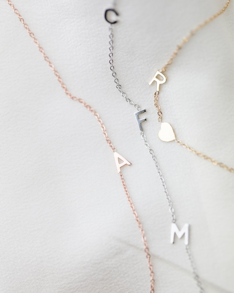 14K Gold Initial necklace / Sideway Initial necklace / Personalized Asymmetrical 14k solid gold initials necklace Mother's day gift image 6