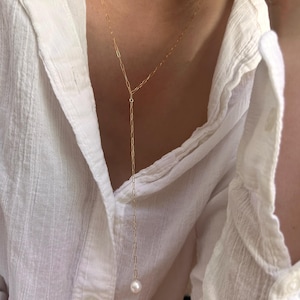 Collar de lazo con clip de papel y perlas / Collar de cadena con clip de papel largo y delicado