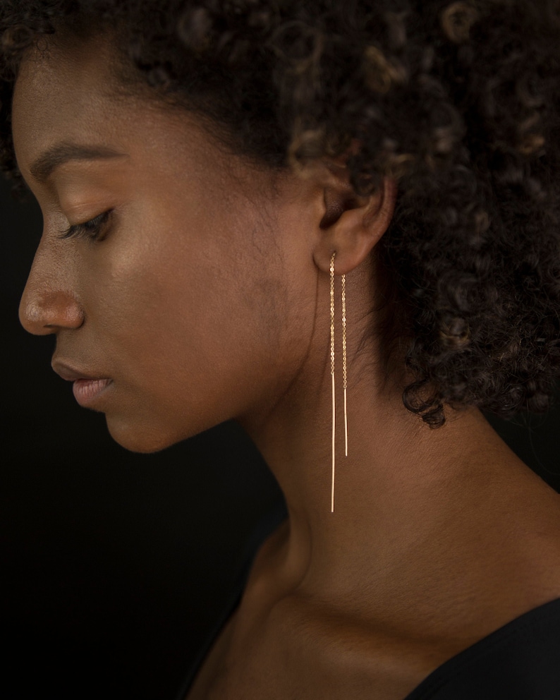 Extra Long Thread Earring // 14K Gold Threader earrings // Gift for her // Mother's Day gift for her image 1