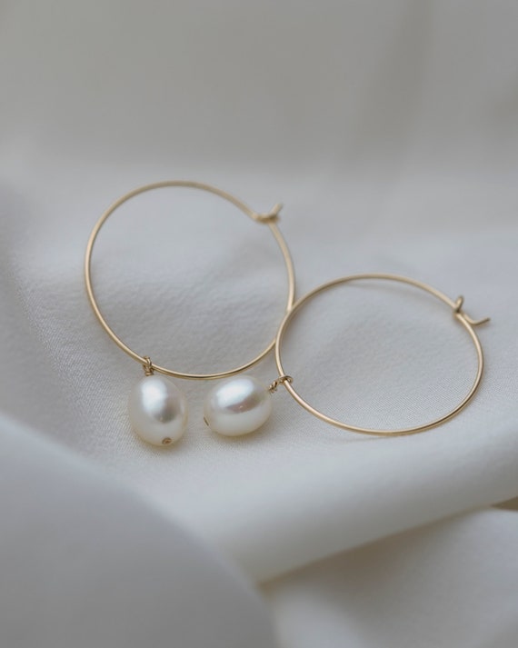 Pearl Wire Hoop Earrings Freshwater Pearl Dangle Earrings