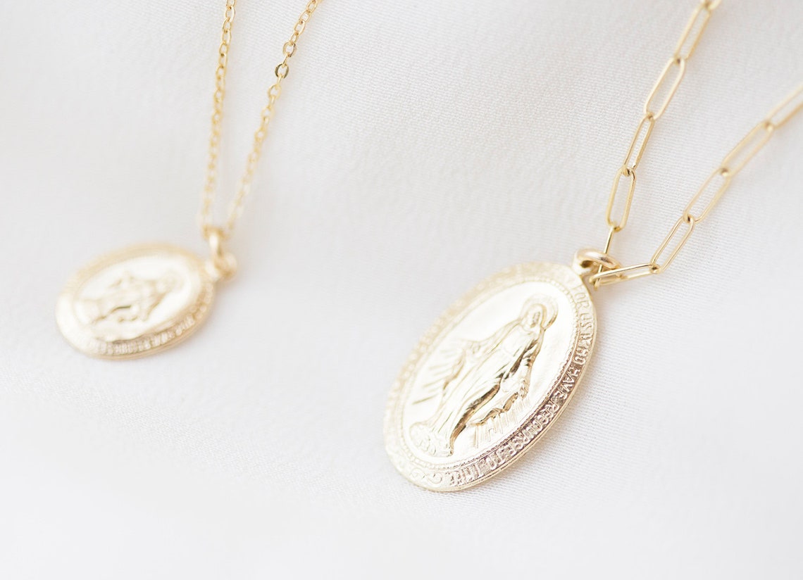 14K solid gold Virgin Mary Necklace / Catholic Necklaces Etsy