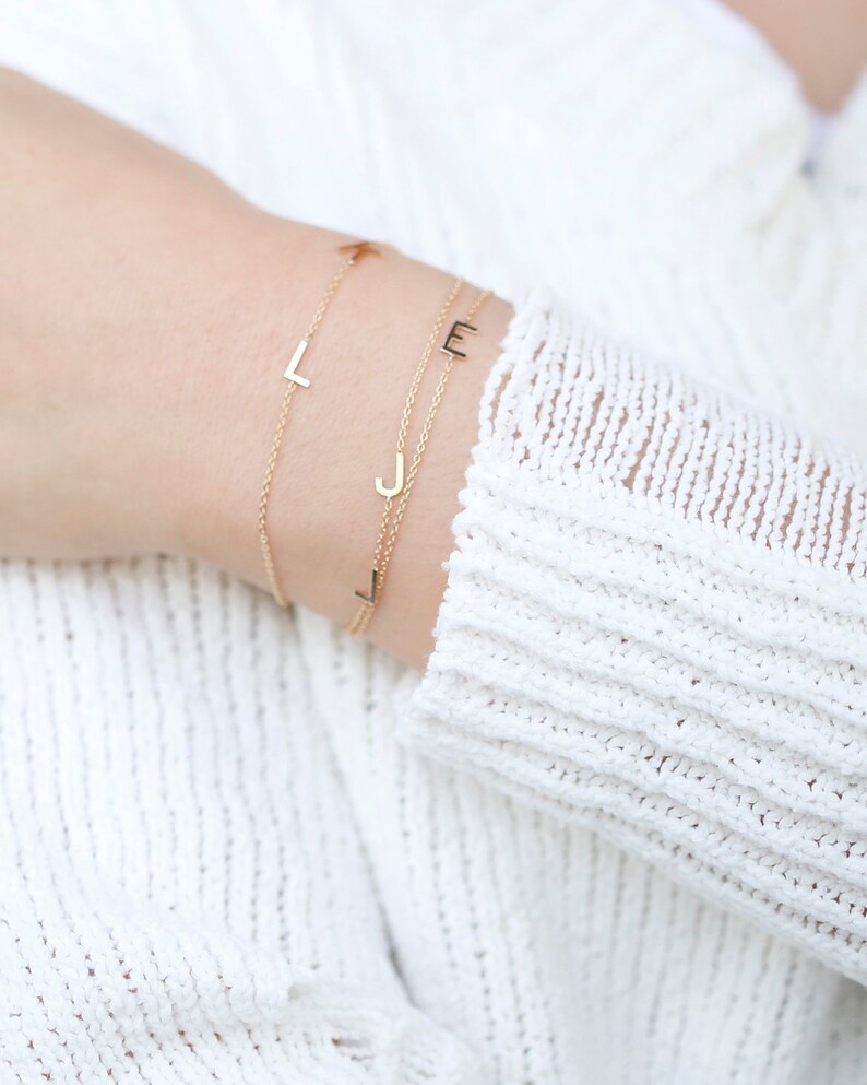 14K Gold Initial Bracelet / Sideway Initial Bracelets / Etsy
