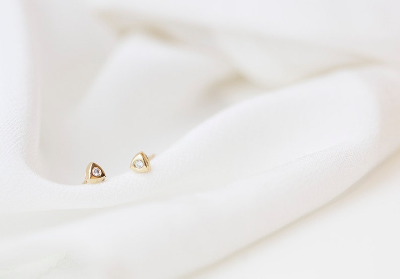 14K Triangle Stud Earrings with CZ diamond accent / Triangle button Earrings in 14K solid Gold / 14K Solid gold studs Perfect Gift for her image 9