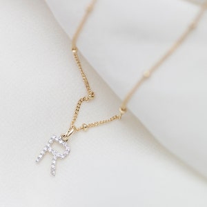 14K Solid Gold Diamond Alphabet Initial Necklace With Beaded Satellite ...