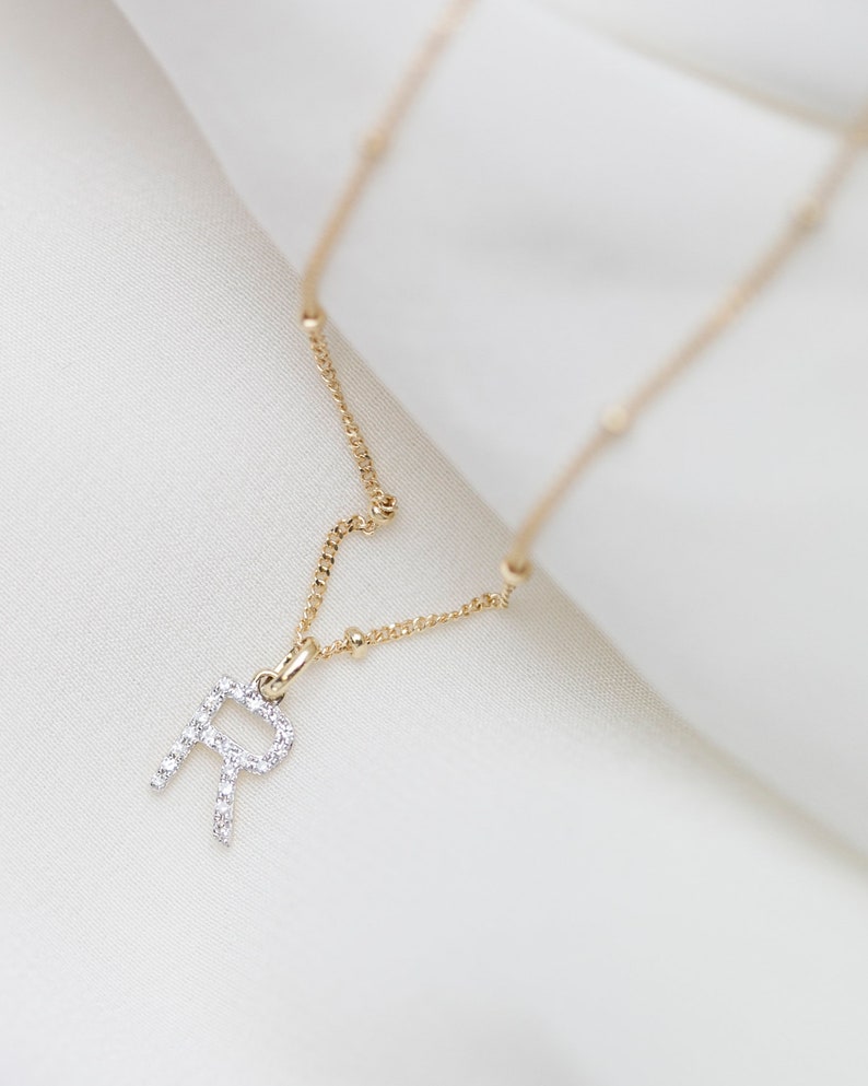 14K Solid Gold Diamond Alphabet Initial Necklace With Beaded - Etsy