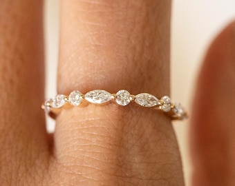 Marquise and Round Lab Diamond Band, 14k Gold Half Eternity Stacking Ring, Delicate Wedding Band for Her