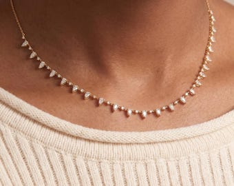 3.4ct Natural Pear and Round Diamond Fringe Station Necklace / 14k Gold Statement Pendant, Luxury Fine Jewelry Gift for Her