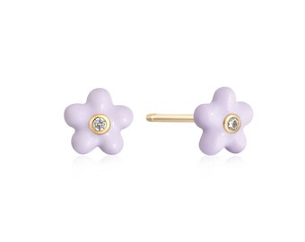 14k Violet Flower Stud Earrings / Purple Lavender color Flower Studs with Diamond / Cute Studs for girls