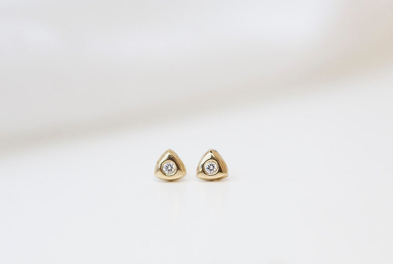 14K Triangle Stud Earrings with CZ diamond accent / Triangle button Earrings in 14K solid Gold / 14K Solid gold studs Perfect Gift for her image 2