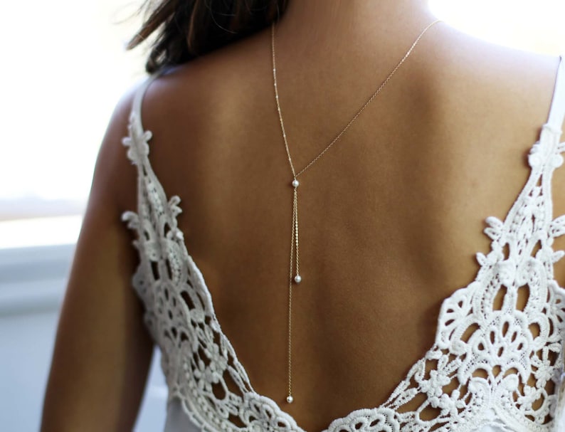 Kleine Perlen Back Halskette // Wedding Dress Brautschmuck für Low Back Brautkleid, Gold oder Sterling Silber Back Necklace Bild 3