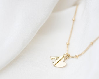 14K Solid Gold Alphabet Initial Necklace With Beaded