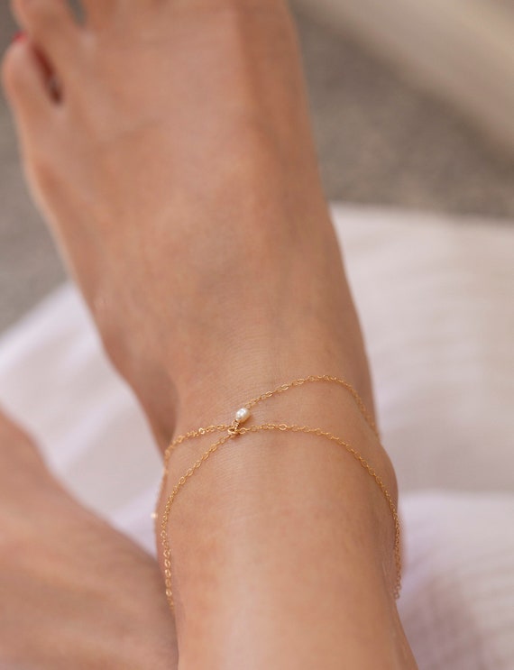 Dainty Pearl Anklet with X Chain Gold filled or Sterling silver