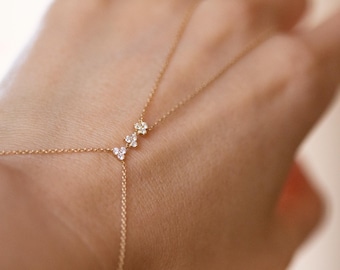 14k Gold Trio Diamond Hand Chain Bracelet | Genuine Mined Diamond Bracelet