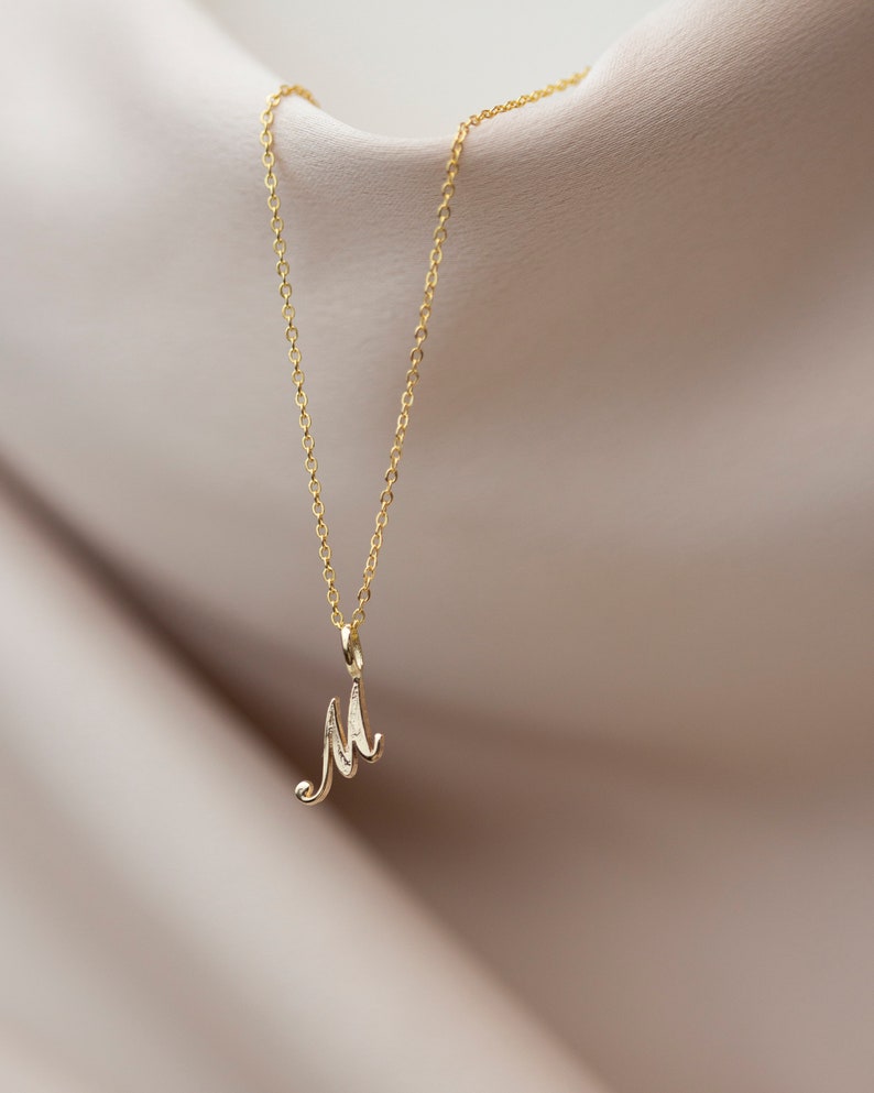 14K Gold Initial necklace / Cursive Letter Necklace / Personalized Initial 14k solid gold necklace with curb chain Gift for Her image 2