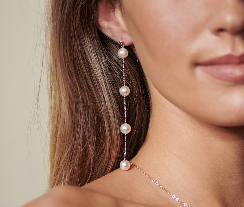 Pearl Drop Earrings / Pearl Long Dangle Earrings / June Birthstone Pearl Earrings / Bridesmaids Pearls Earrings / Pearl Gifts for her image 3