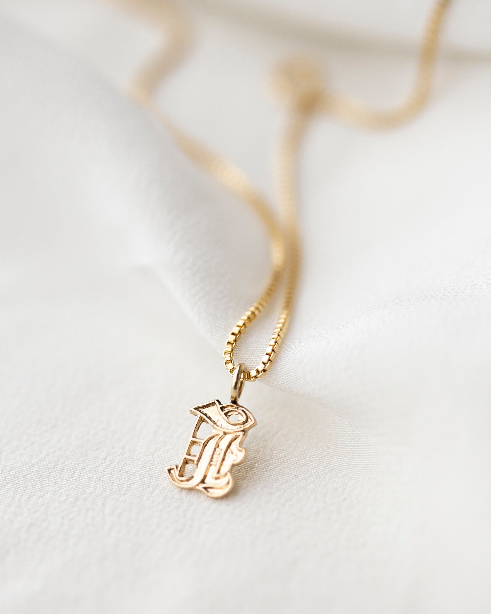 14K Gold Old English Initial Necklace 