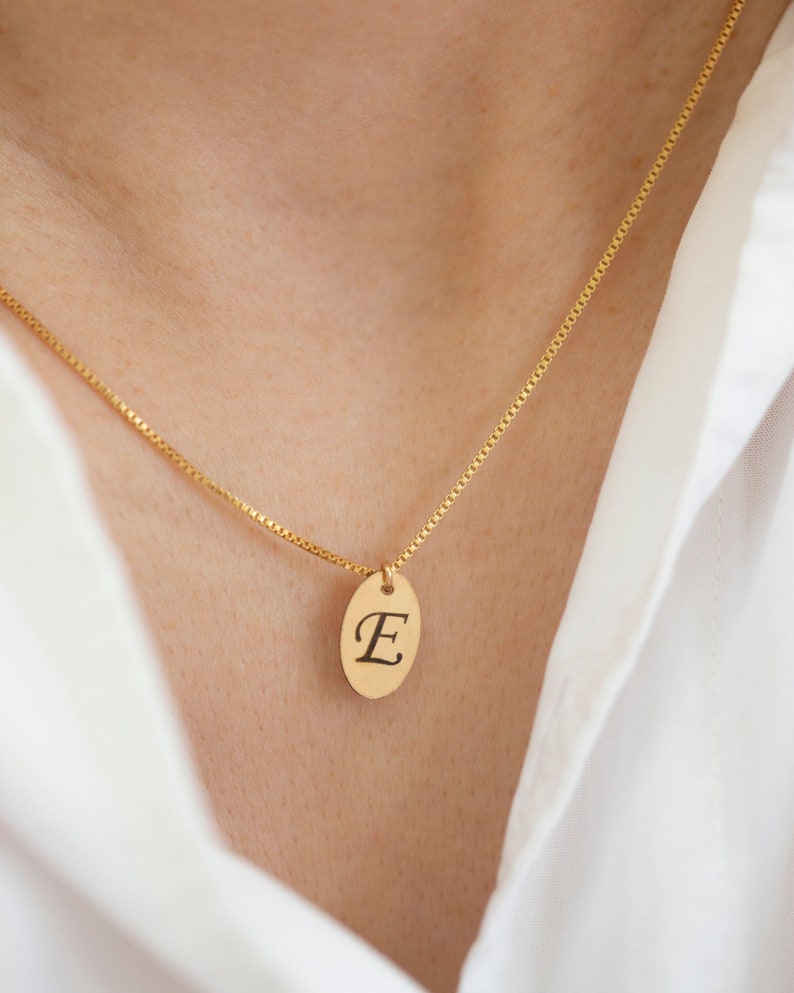 Engraved Oval Tag Necklace / Gold Filled Tag Charm / Custom Initial Necklace / Gift for her for Her image 1