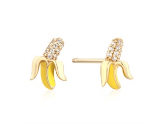 Gold & Diamond Banana Stud Earrings / Cute Studs with Diamonds