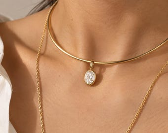 14k Gold Collar Necklace | Gold Wire Choker Necklace | Charm Holder Necklace | Customizable Pendant Collar | Fine Jewelry