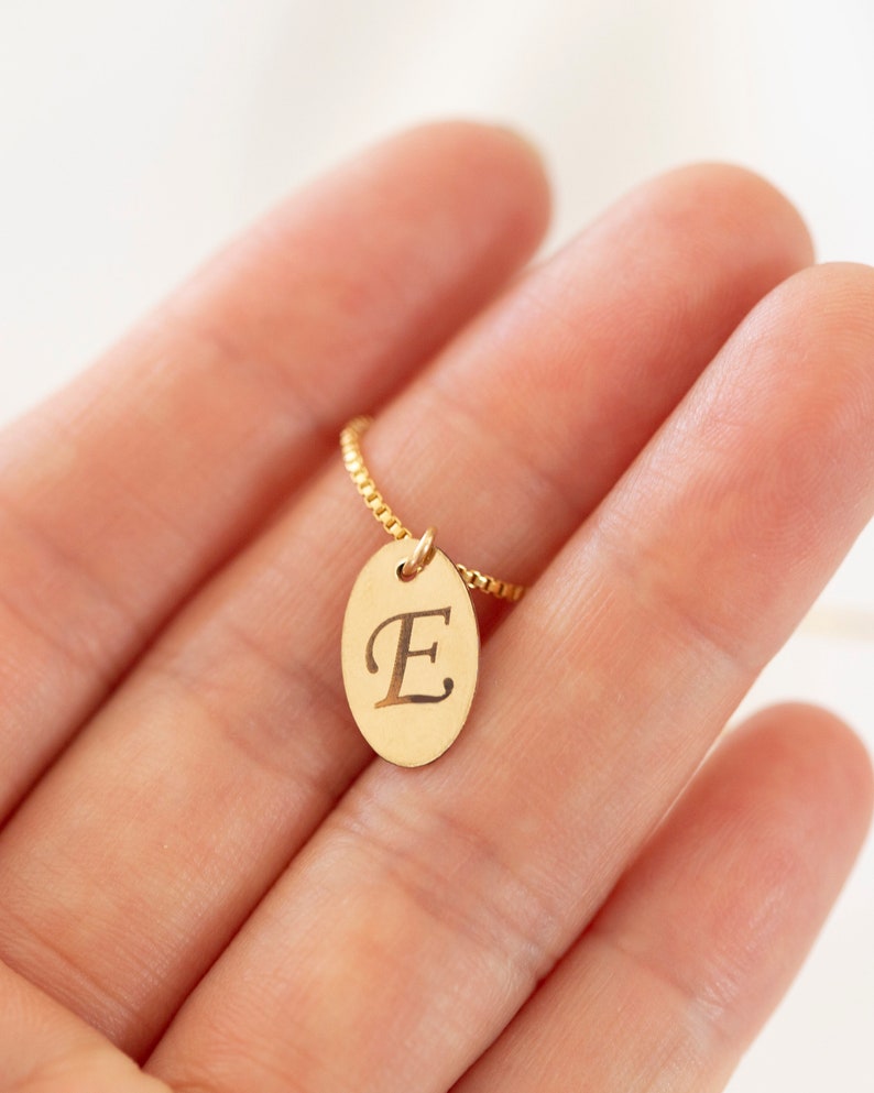 Engraved Oval Tag Necklace / Gold Filled Tag Charm / Custom Initial Necklace / Gift for her for Her image 2