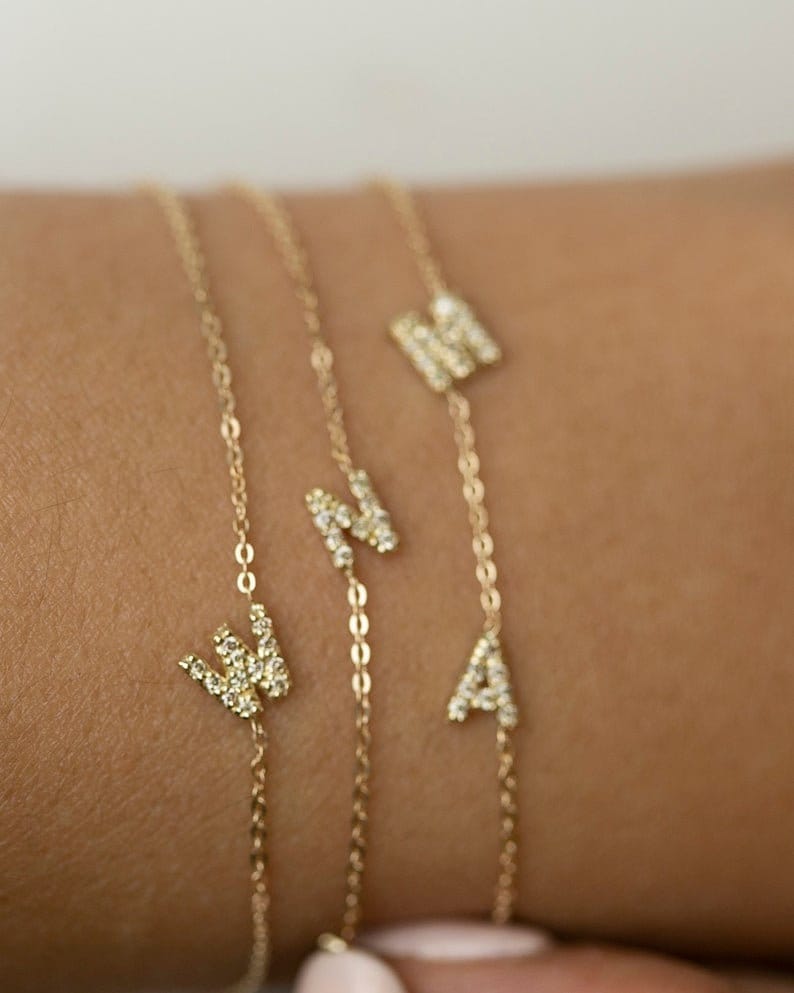 14k Gold Mini Diamond Initial Bracelet Personalized Letter Etsy