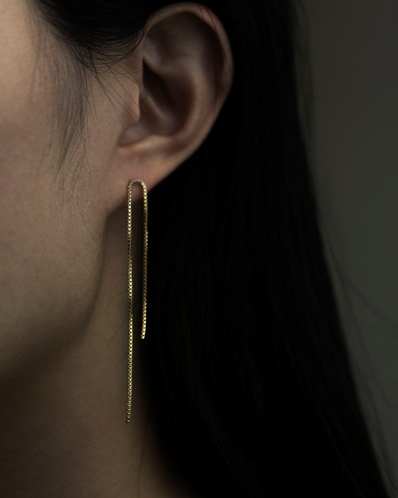 Box chain stud earrings Long gold drop earrings Long Box chain Earrings U shaped earrings