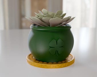 Lucky Four-Leaf Clover Planter – Pot of Gold Succulent Pot with Drainage & Saucer – St. Patrick’s Day Decor – Made in USA
