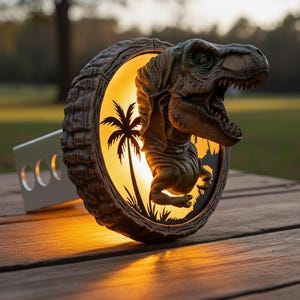 Puede incluir: Una cubierta de enganche de remolque de dinosaurio T-Rex detallada e iluminada. La cubierta presenta una cabeza y un cuerpo de dinosaurio detallados, con una silueta de palmera en el fondo. La cubierta está iluminada con una luz cálida.