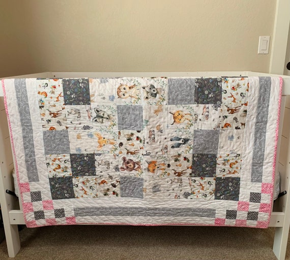 Woodland Animals Baby Quiltgrey and Pink Accentsbaby Etsy