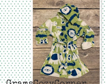 Robe, toddler, handmade, green/blue/white safari animals, ultra cuddle fleece, toddler hooded robe, personalized, Product ID# G-049
