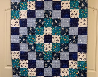 Outer space themed quilt, Baby-toddler-crib Quilt-handmade-one of a kind patchwork quilt,