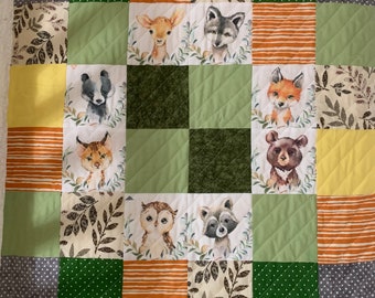 Woodland animals baby quilt-gender neutral-handmade-grey and green accents-baby quilt-crib quilt-patchwork quilt-39x48