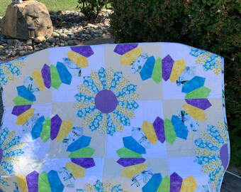 Dragonfly baby quilt-toddler quilt -Dresden plate quilt-nursery blanket-dragonflies and daisies-48x48-handmade-bohemian vibe-1 of a kind