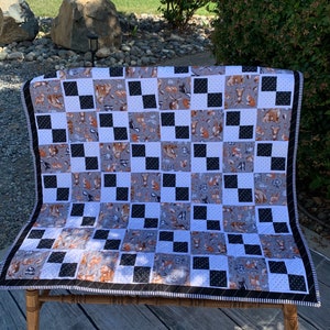 Handmade Woodland Animals Baby Quilt: Neutral Patchwork Nursery Decor (38x48)