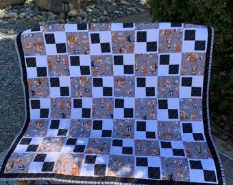 Neutral woodland animals baby quilt, toddler quilt-black and white accents -  woodland animals-patchwork quilt- unique baby quilt, 38x48