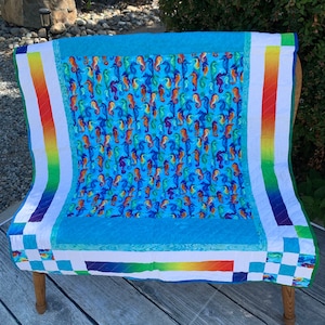 Seahorse quilt, Baby, toddler, crib size Quilt - for sale-handmade--rainbow accents-baby quilt-crib quilt- gender neutral-39x48
