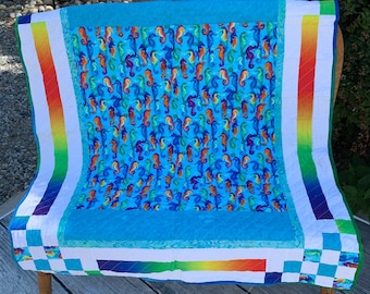 Seahorses Baby, toddler, crib size Quilt - for sale-handmade-Seahorses quilt-rainbow accents-baby quilt-crib quilt- gender neutral-39x48