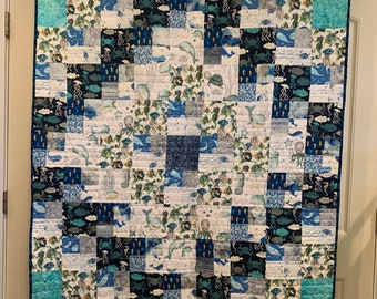 Under the Sea, Patchwork Quilt-handmade-lap quilt, toddler quilt with ocean themed fabrics-48”x60”-Quilt for sale