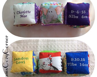 Fabric baby blocks, 3 block set, 5 inch, baby blocks, embroidered, birth stats, personalized, crinkle panel