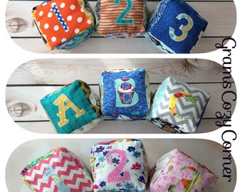 Handmade fabric blocks, ABC, 123, soft stuffed 5 inch, Baby blocks, Fabric block, soft stuffed set of 3 blocks, with crinkle panel and r