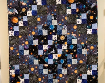 Space Patchwork Quilt-handmade-lap quilt with space themed fabrics-48”x60”-Quilt for sale