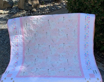 Mermaid Baby-toddler Quilt-handmade-Mermaids and narwhals and gold quilt-pretty accents-baby quilt-patchwork crib quilt, 39x46