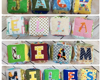 Fabric baby block sets-5 inch blocks-soft stuffed-personalized-sensory play-with crinkle panel and rattle inside