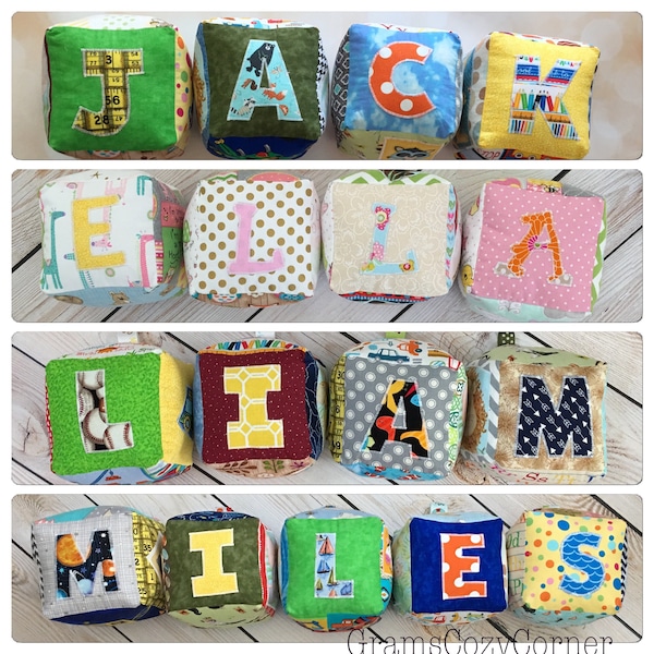 Fabric baby block sets-5 inch blocks-soft stuffed-personalized-sensory play-with crinkle panel and rattle inside